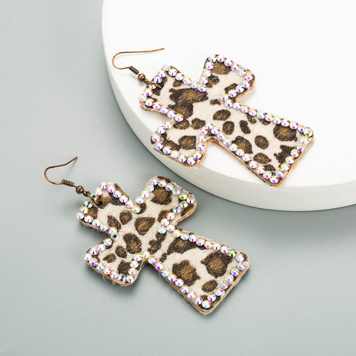 Wholesale Cross Shape Double Sided Printed Leopard Earrings JDC-ES-Hem004