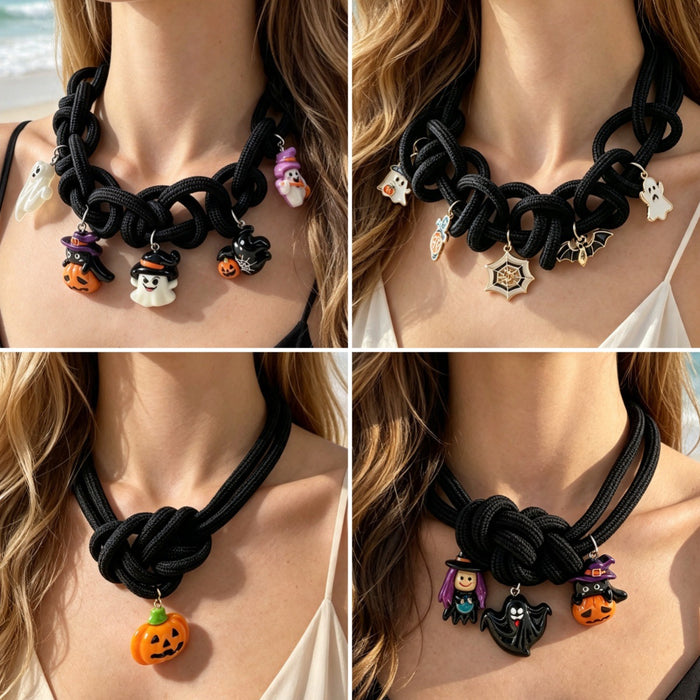 Wholesale Halloween Pumpkin Ghost Braided Cloth Necklace Creative Funny Trendy Jewelry Accessory MOQ≥5