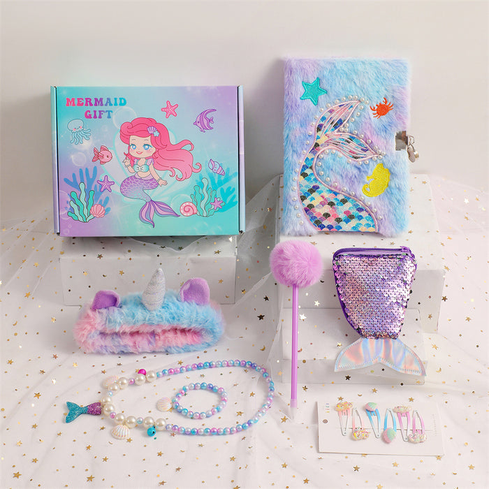 Wholesale Mermaid Tail Plush Notebook Set with Diary Bracelet and Handbag Gift Box