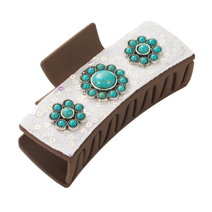 Wholesale Antique Silver Alloy Turquoise Accessories Western Style Leopard Print Sequin Leather Hairpin JDC-HC-HM005