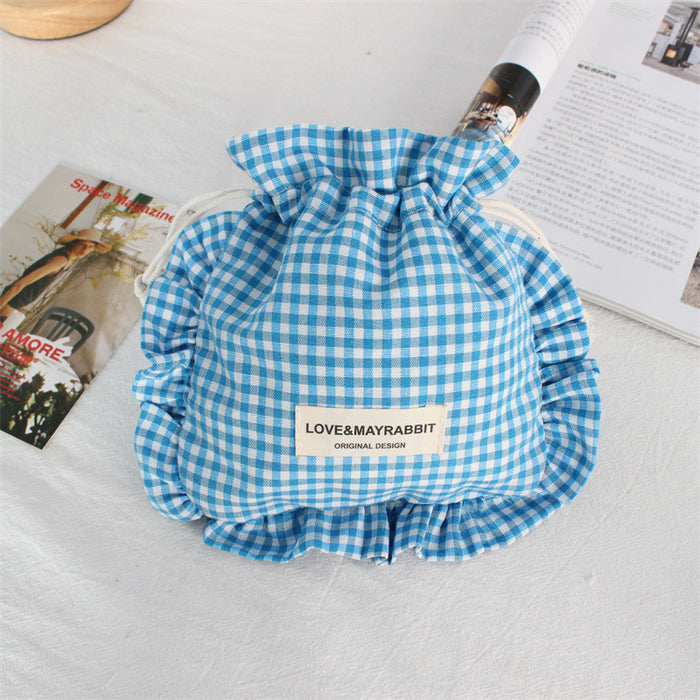 Wholesale Stylish Pink Plaid Drawstring Pouch With Lace Trim Multipurpose Travel Storage Bag For Makeup Brushes Fashion Accessory For Boutique Resale