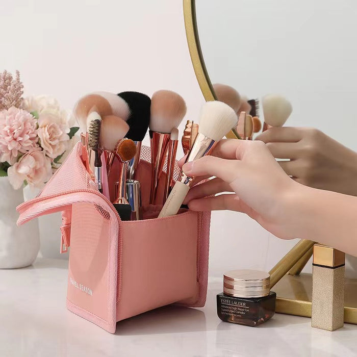 Wholesale Stylish Pink Polyester Mesh Cosmetic Bag Large Capacity Travel Makeup Organizer