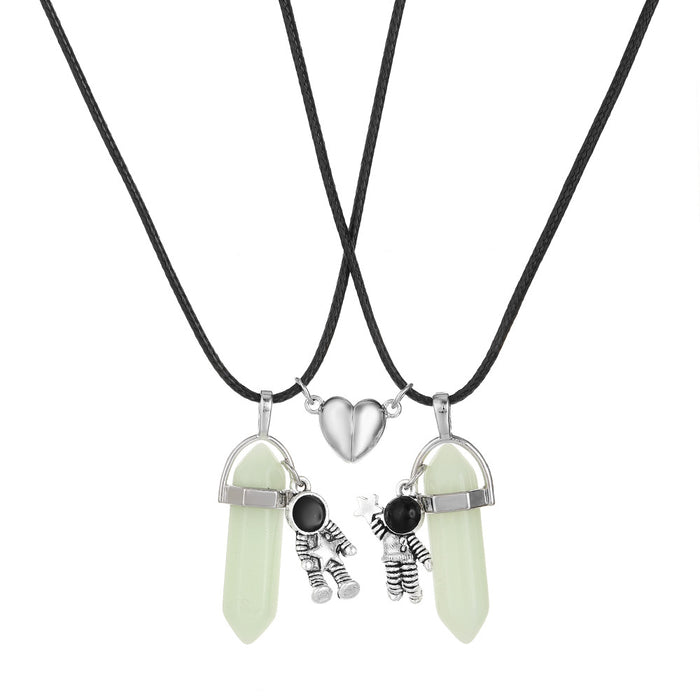 Wholesale Luminous hexagonal pillar pendant, astronaut heart magnetic buckle leather rope, star picking necklace