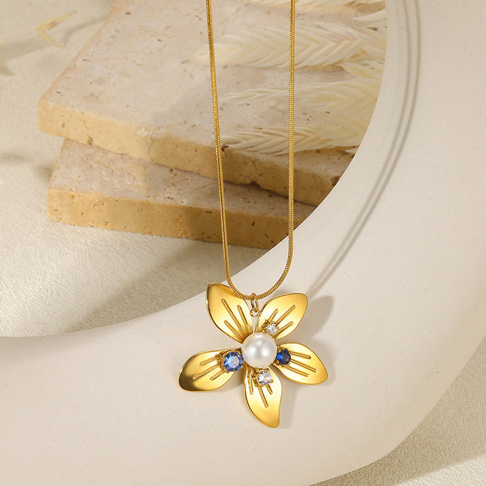 Wholesale Stainless Steel Vacation Ocean Imitation Pearl Jewelry Sunflower Necklace