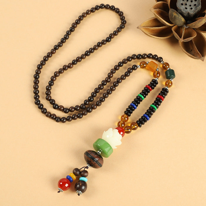 Wholesale Long Cotton and Linen Accessories Wooden Pendant Buddhist Beads Necklace JDC-NE-Luox003