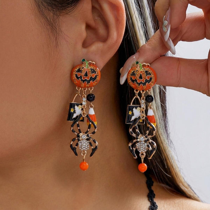 Wholesale Alloy  Rhinestone Pumpkin  Web Dangle Earrings Quirky Ghost Pendant Jewelry Party Boutique Gift Fashion Accessory