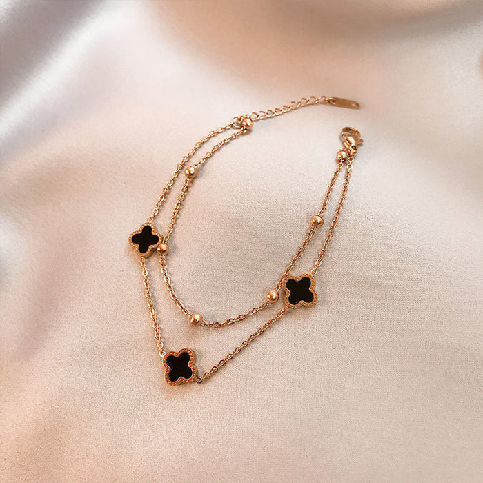 Wholesale four-leaf clover bracelet women's double chain titanium steel  rose gold
