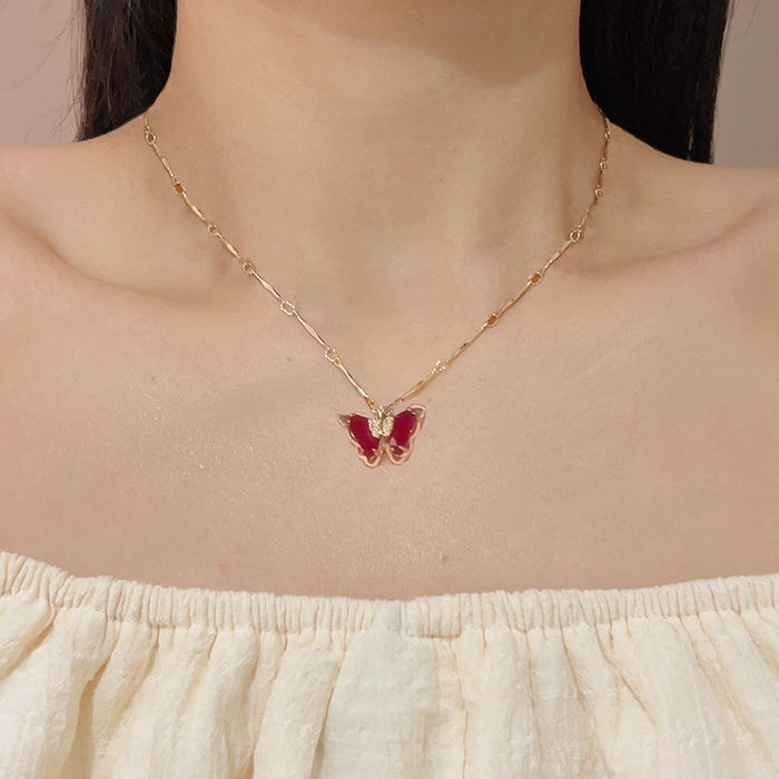 Wholesale Fashionable crystal tassel double-layer necklace, niche design, versatile butterfly pendant, collarbone chain