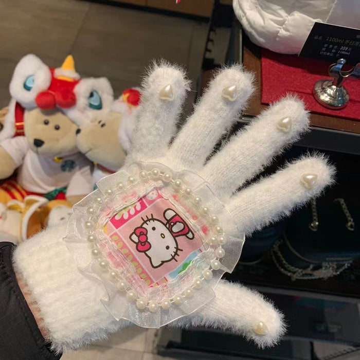 Wholesale Cute Cat Diamond Gloves Girls Winter Warm  Rhinestone Cycling Plush Wear Gloves