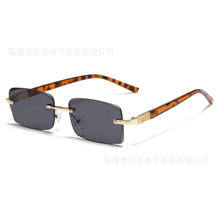 Wholesale Wood grain temple metal frameless sunglasses, irregular square trendy sunglasses
