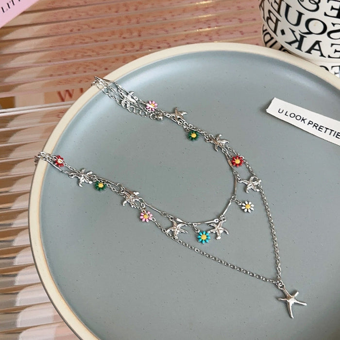 Wholesale Stacked bead retro necklace fashionable sunflower collarbone chain light luxury niche neck necklace