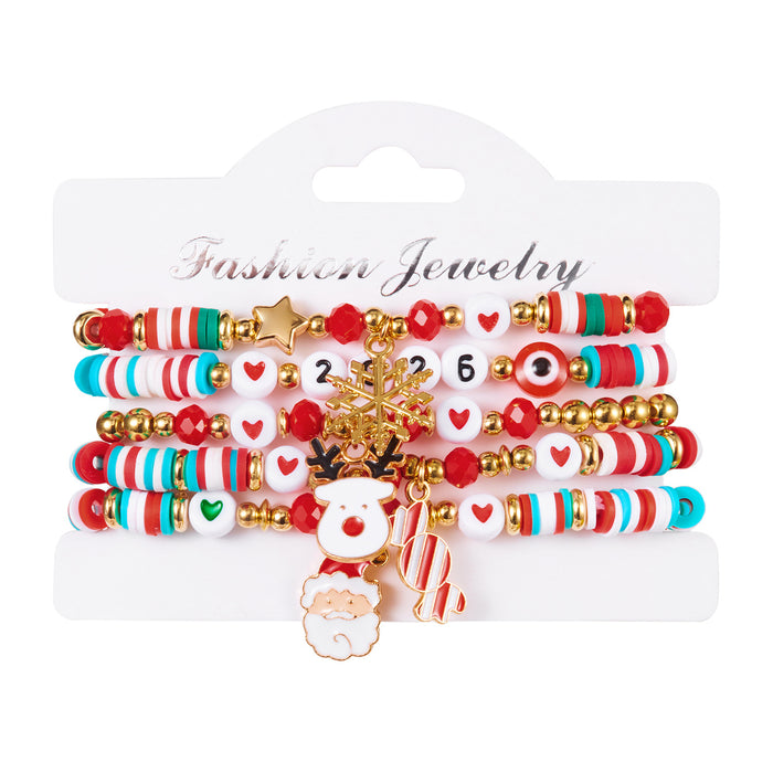 Wholesale Multi-layer stacking Christmas bracelet set personalized colorful polymer clay crystal elastic rope holiday bracelet