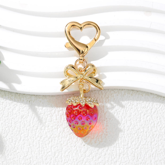 Wholesale Cute Strawberry Keychain with Bow - Plated Red Plastic Decorative Accessory MOQ≥2