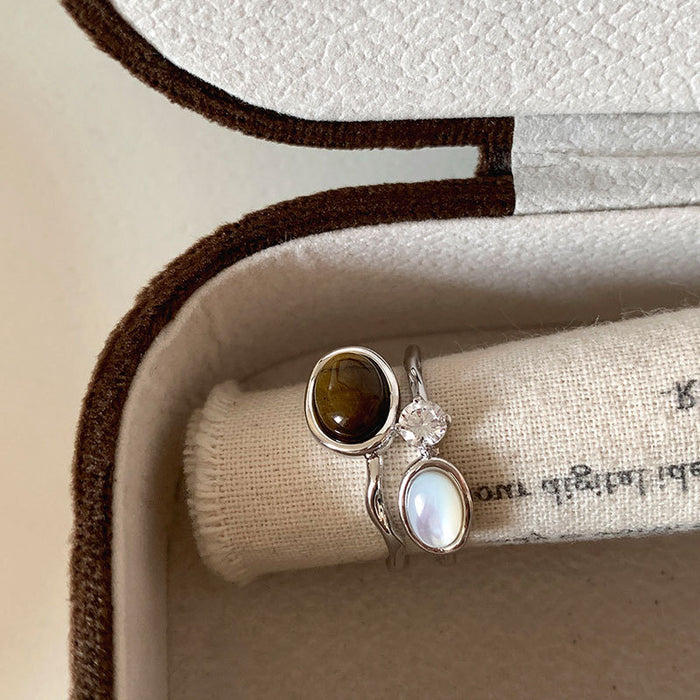 Wholesale Tiger' s Eye and Zircon Geometric Double-Layer Ring