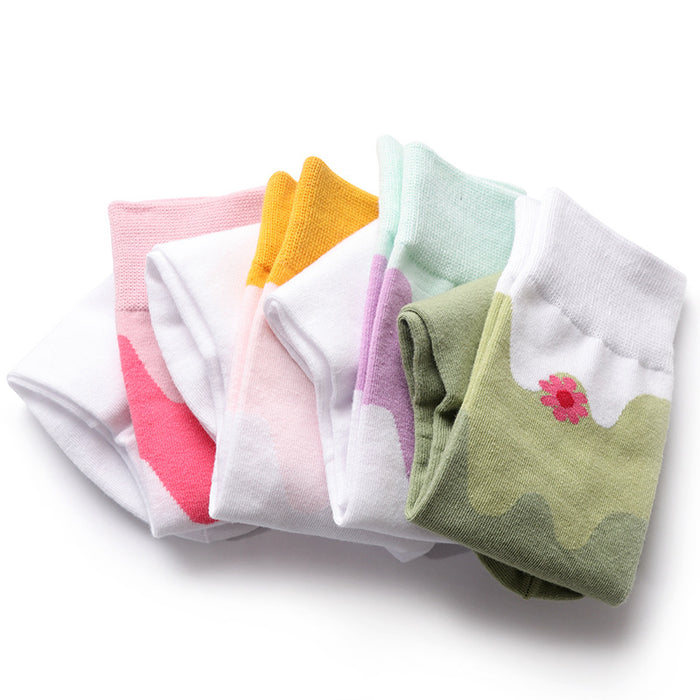 Wholesale Color blocked design with a minimalist mid tube cotton socks, fresh and thin women's socks