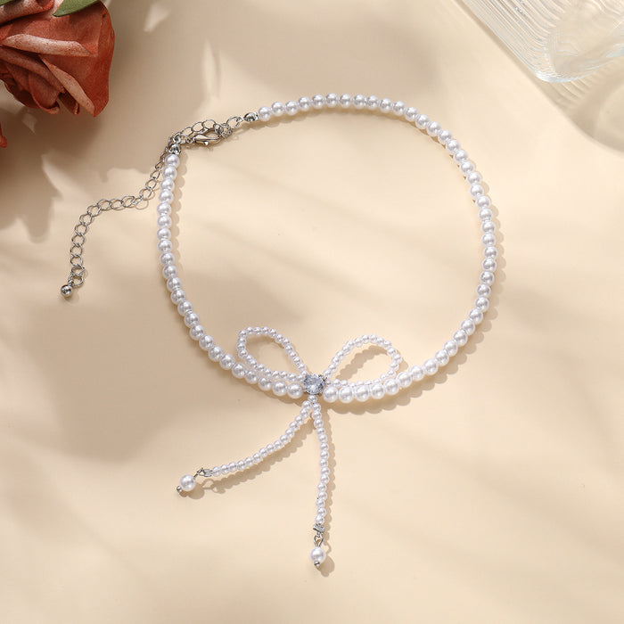 Wholesale Imitation Pearl Tassel Necklace, Diamond Bow Super Fairy Clavicle Chain