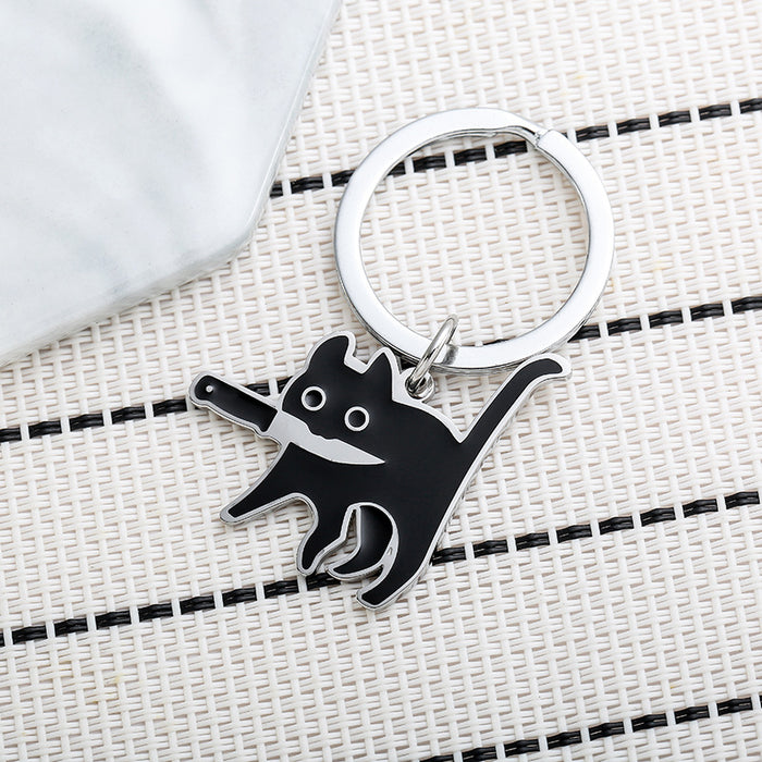 Wholesale Black Cat Holding Knife Stainless Steel Keychain JDC-KC-JinZ004