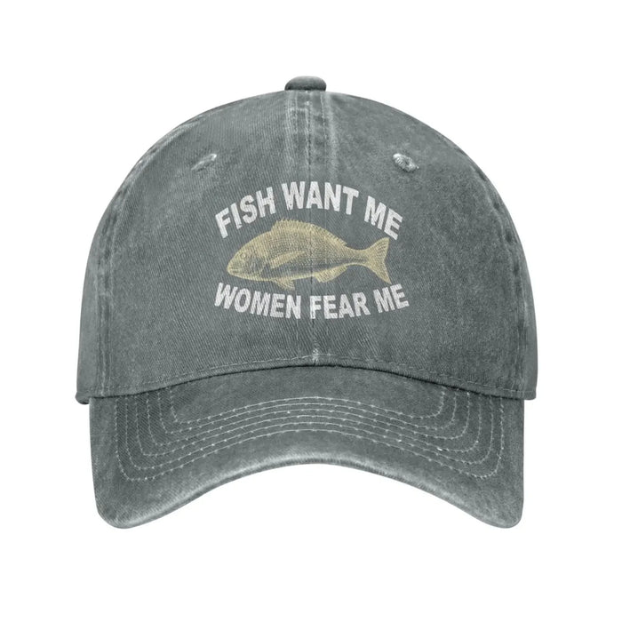 Wholesale Trendy Vintage Washed Baseball Cap Funny Fish Want Me Slogan Adjustable Black Sun Hat For Summer Parties Resale