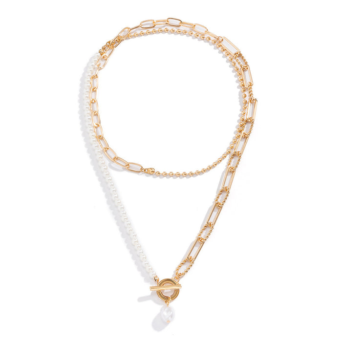 Wholesale Long beaded chain necklace with stacked pearl OT buckle waist chain