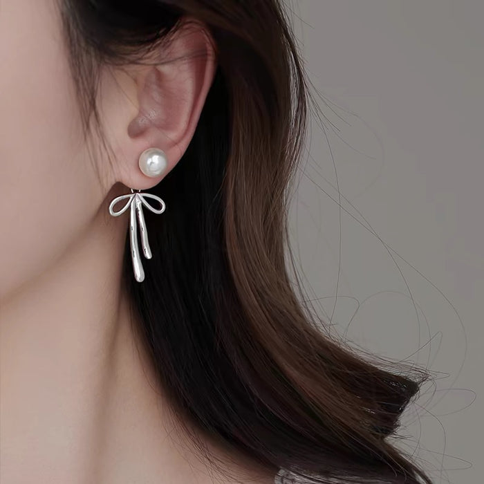 Wholesale  bowknot Gray Pearl long earrings  women one two-piece earrings without piercing  ear clip
