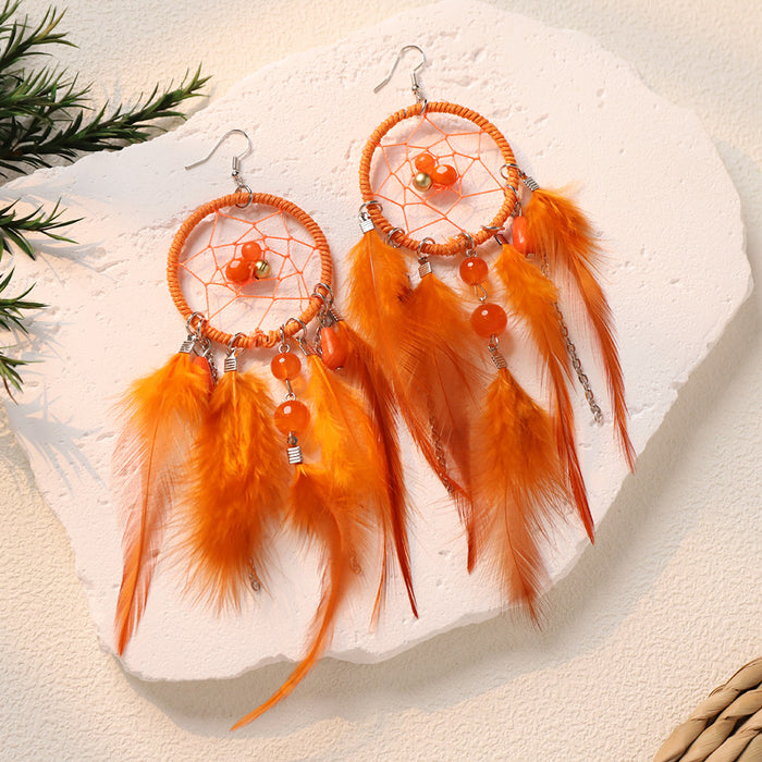 Wholesale Feather Bohemian Dreamcatcher Tassel Earrings Handcrafted Fashion Accessory