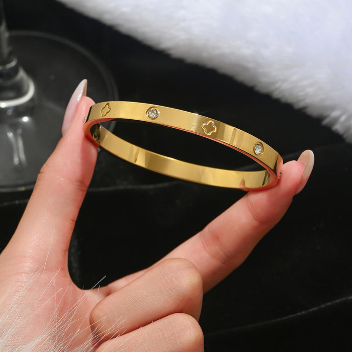 Wholesale Stainless Steel Gold Bangle Set With Rhinestones Chic Four Leaf Clover Design Fashion Jewelry Accessory