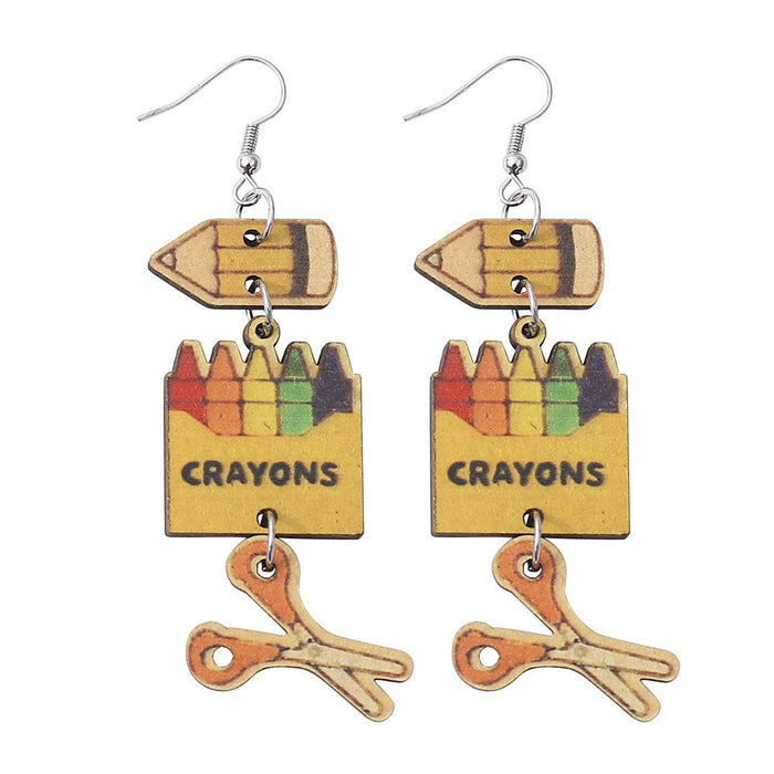 Wholesale earrings Double-sided wooden pencil colored pencil scissor earrings JDC-ES-ChL018