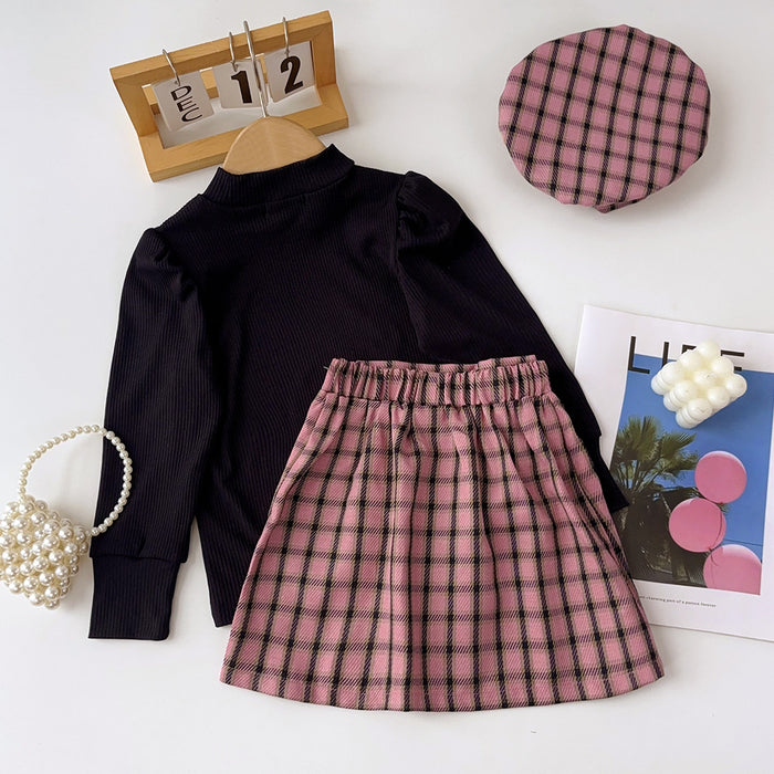 Wholesale Puff Sleeve Top Pink Plaid Short Skirt Children's Set JDC-CTS-DuoEr008