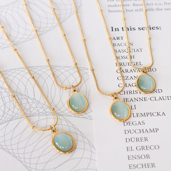 Wholesale French Vintage Cat Eye Oval Pendant Necklace 18K Gold Plated Titanium Steel Women S Everyday Jewelry