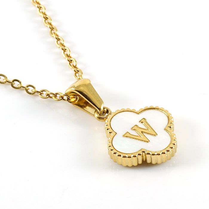 Wholesale Shell Letter Four Leaf Clover Pendant 18K Gold Stainless Steel Necklace JDC-NE-ZhongX005