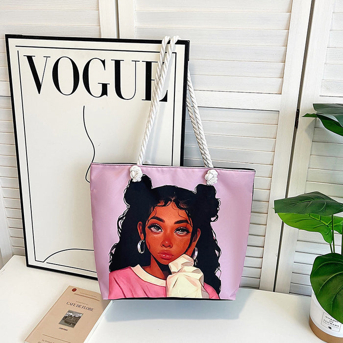 Wholesale Outdoor practical versatile retro canvas bag cartoon print portable beach bag large capacity