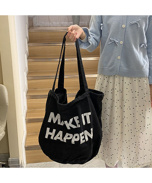Wholesale Fashionable printed letter shoulder bag, casual versatile denim tote bag, large capacity canvas bag