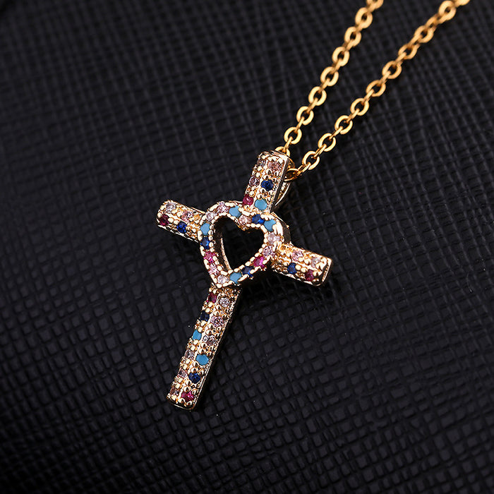 Wholesale Copper Inlaid Zircon Cross Pendant Necklace JDC-NE-ShangY035