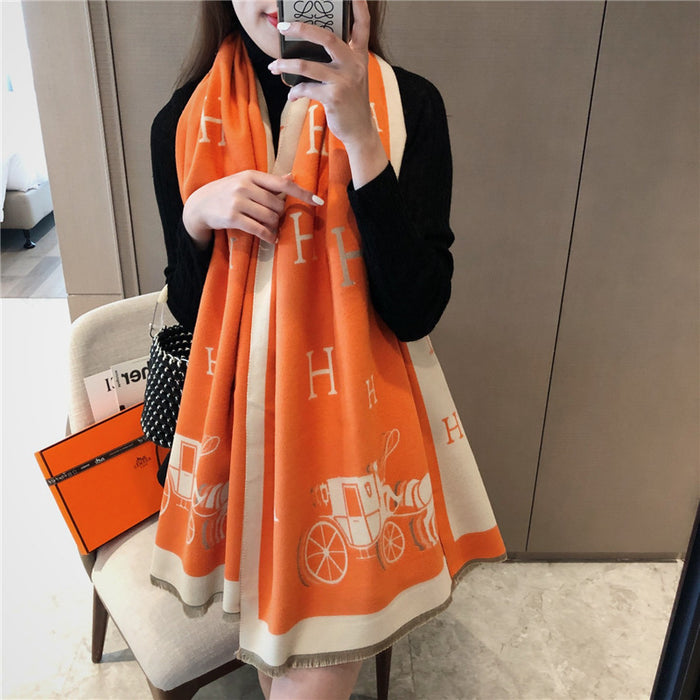 Wholesale H Carriage Medium Length Imitation Cashmere Scarf Korean Retro Neck Thick Warm Female Shawl JDC-SF-Yunt004