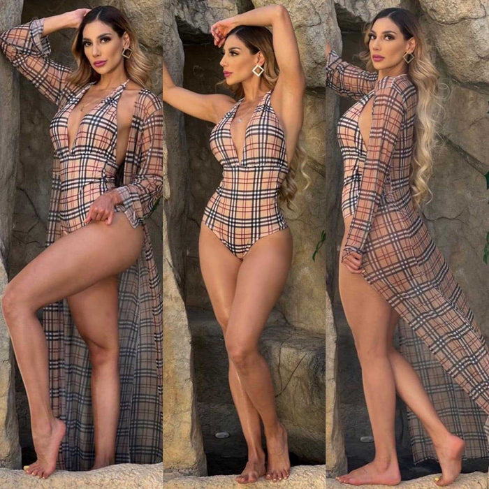 Wholesale Nylon Plaid Long Sleeved Cape Bikini Set JDC-SW-YouS001