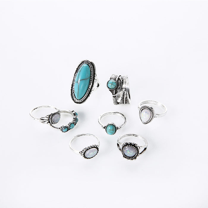 Wholesale 2pcs vintage inlaid turquoise 8 joint ring set
