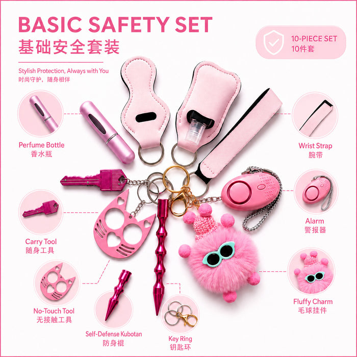Wholesale Ladies Safety Keychain Set With Neoprene Storage Pouch 10 Piece Red Trendy Car Key Accessory