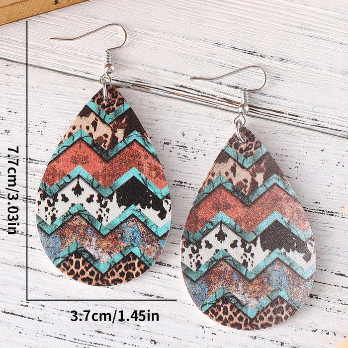 Wholesale Ethnic Leopard Dairy Pattern Turquoise Pattern Water Drop Earrings Women PU Double-sided Earrings