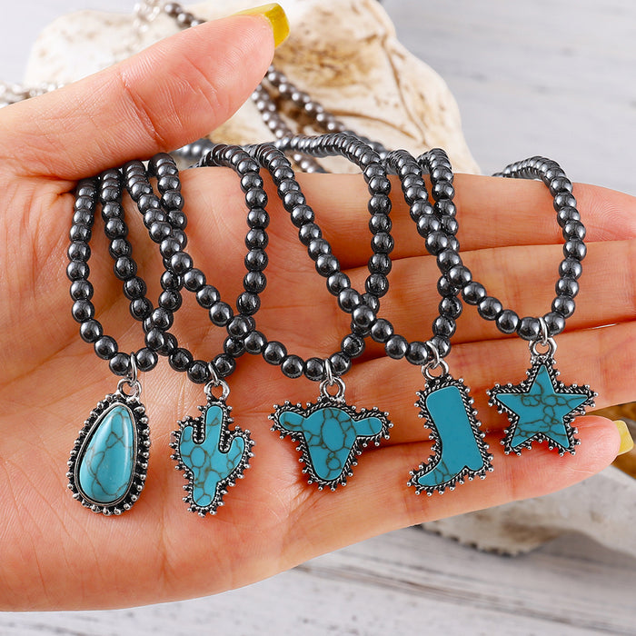 Wholesale Fashionable black round bead necklace for women,  cowboy boots with bull head and five-pointed star ornaments