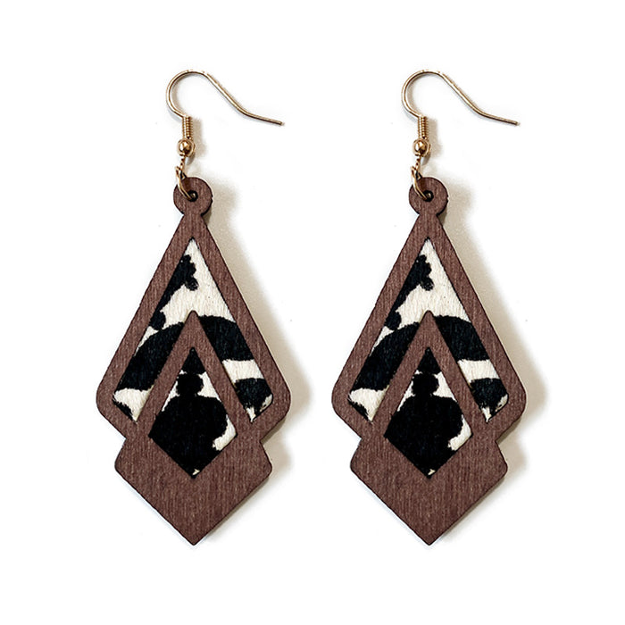 Wholesale Western retro wooden earrings leopard print milk pattern inlaid earrings geometric hollow