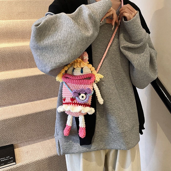 Wholesale Cute Handmade Crochet Bag Cartoon Doll Wool Bag Finished Woven Women's Crossbody Bag