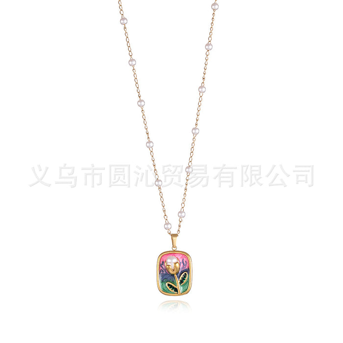 Wholesale Vintage oil painting style necklace for women, versatile and high-end, drip oil flower pendant, collarbone chain accessory