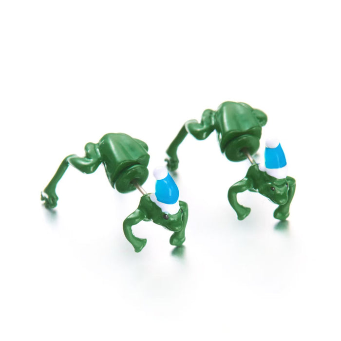 Wholesale Christmas innovative earrings retro punk funny animal personality interspersed with Christmas hat small frog earrings