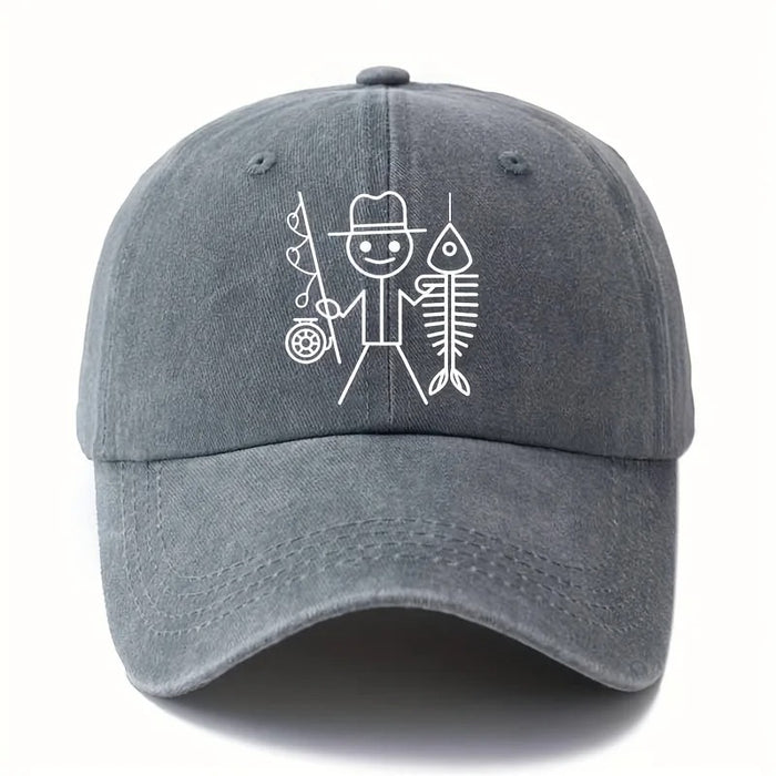 Wholesale Fun Fishing Stick Figure Fishbone Print Washed Baseball Cap Summer Sun Hat