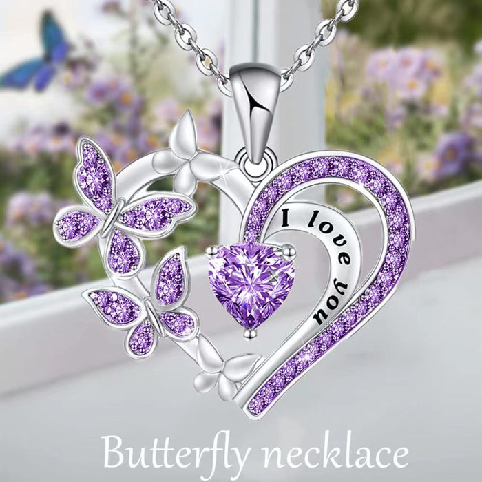 Wholesale " I love you"  heart-shaped butterfly micro-inlaid rhinestone alloy necklace