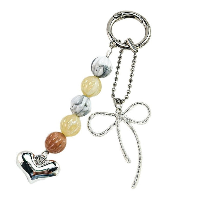 Wholesale Peach Heart Bow Keychain Beaded Metal Heart Keychain