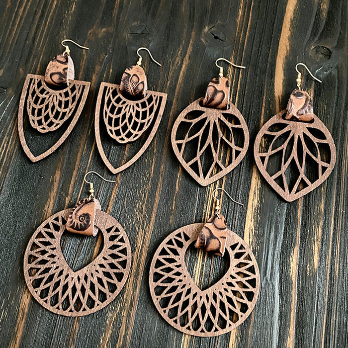 Wholesale Retro wooden earrings hollow Mandala exaggerated texture earrings