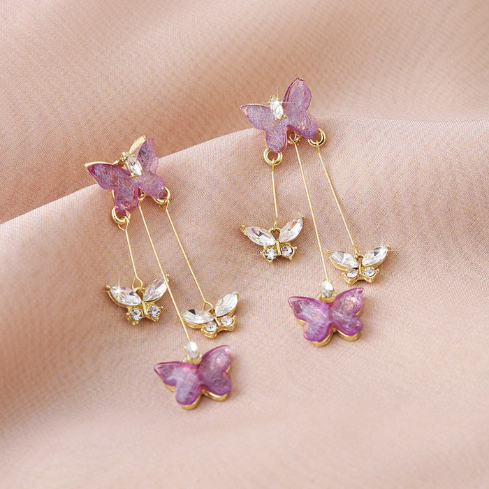 Wholesale Silver needle purple butterfly tassel earrings with a light luxury and high-end feel, sparkling diamond long earrings, retro temperament earrings