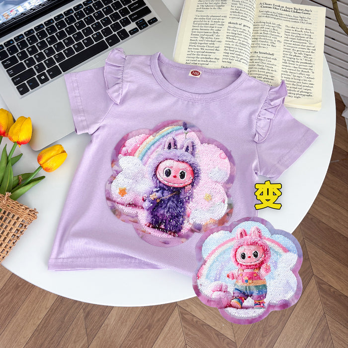 Wholesale New summer children' s clothing for girls,  double-sided color-changing sequined short-sleeved T-shirt with cartoon bottoming shirt