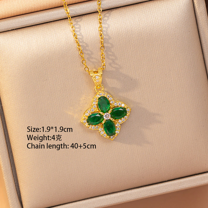 Wholesale Geometric Copper Inlaid Zircon Pendant Necklace Gold Plated Titanium Steel Layering Jewelry MOQ≥2